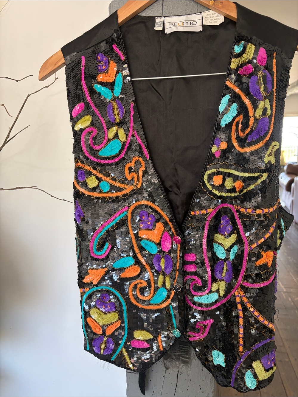 BLUME Black Sequin Embroidered Vest with Multicolor Paisley Accents